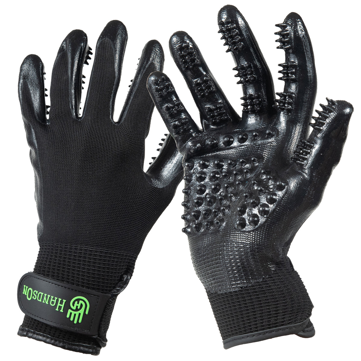 HandsOn black animal grooming gloves with textured palms and fingers