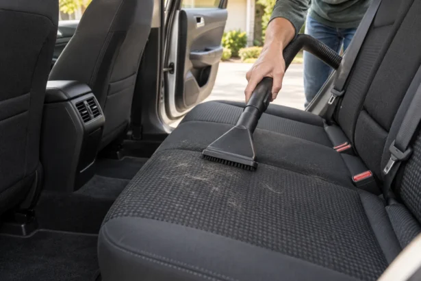 Vacuum upholstery nozzle collecting dog hair from a dark cloth car seat