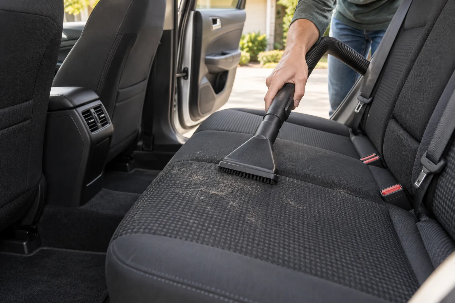Vacuum upholstery nozzle collecting dog hair from a dark cloth car seat
