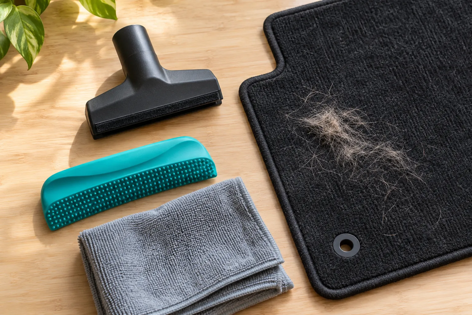 Generic vacuum nozzle, rubber hair-removal tool, microfiber cloth and car floor mat